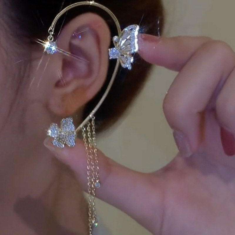 Stunning Sparkling Crystal Flower Ear Cuff Without Piercing Clip Earrings Irregular Tassel Ear Clip ( 1 Pair)