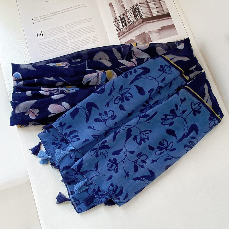 Blue black mixed floral printed tassel soft breathable long hijab / orna