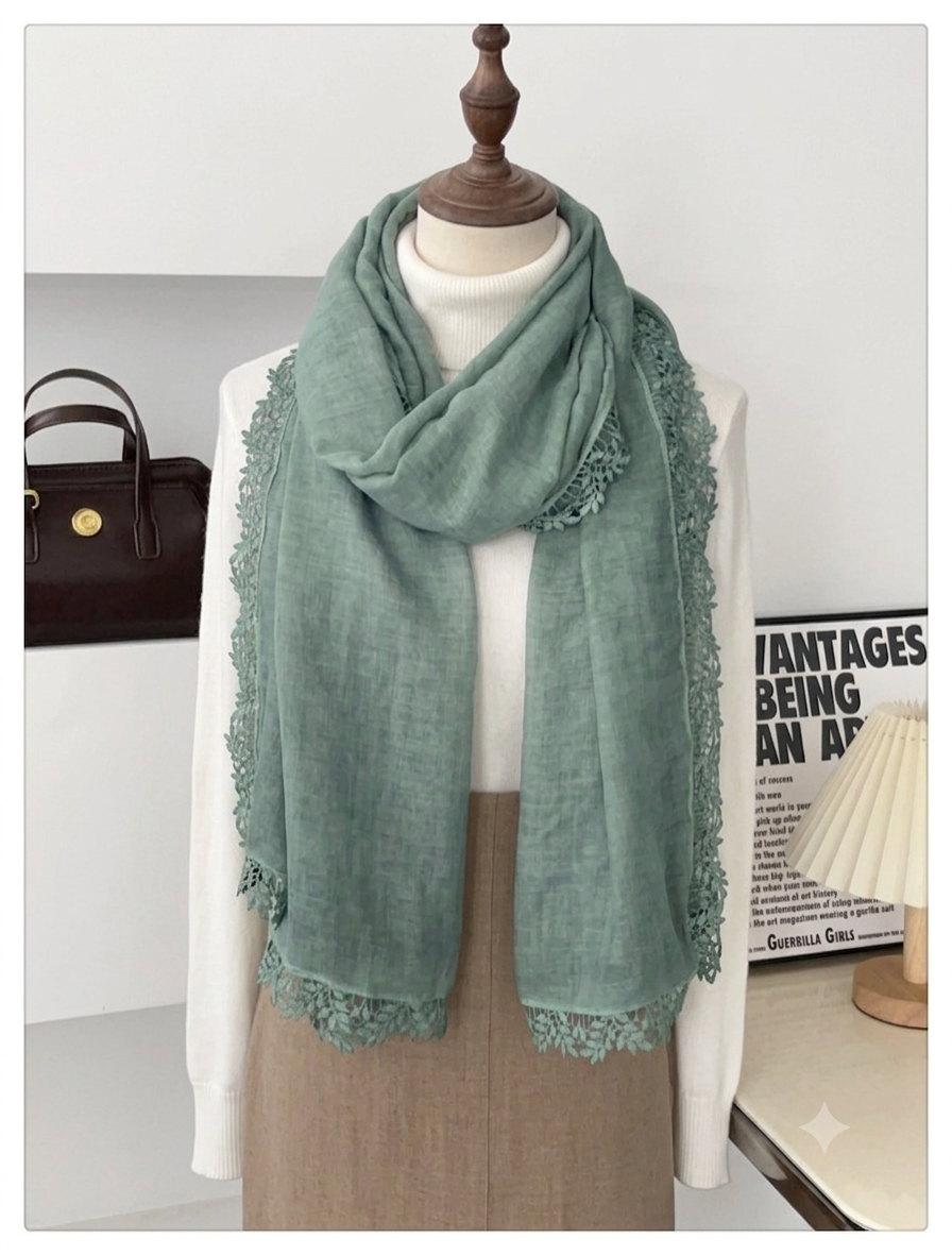 Classy Lake Green Artistic Lace Edged Imported Premium Summer Friendly Cotton Hijab / Orna
