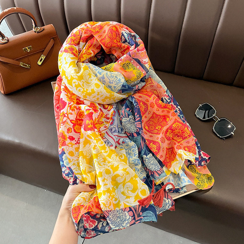Colorful floral printed long tassel soft hijab/orna