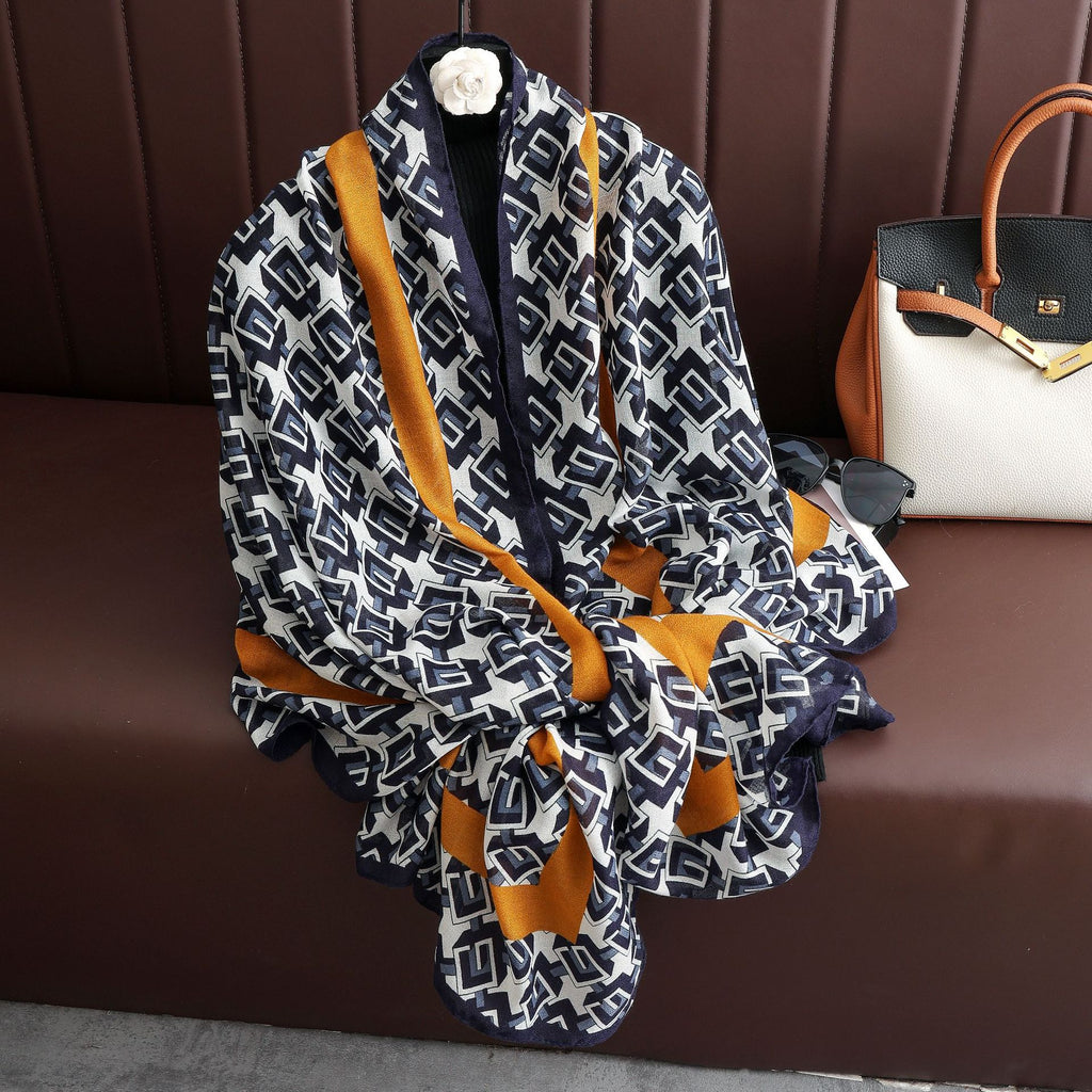 Elegant Navy Mustard Yellow Geometric Patterned Printed Imported Summer Friendly Hijab /Orna