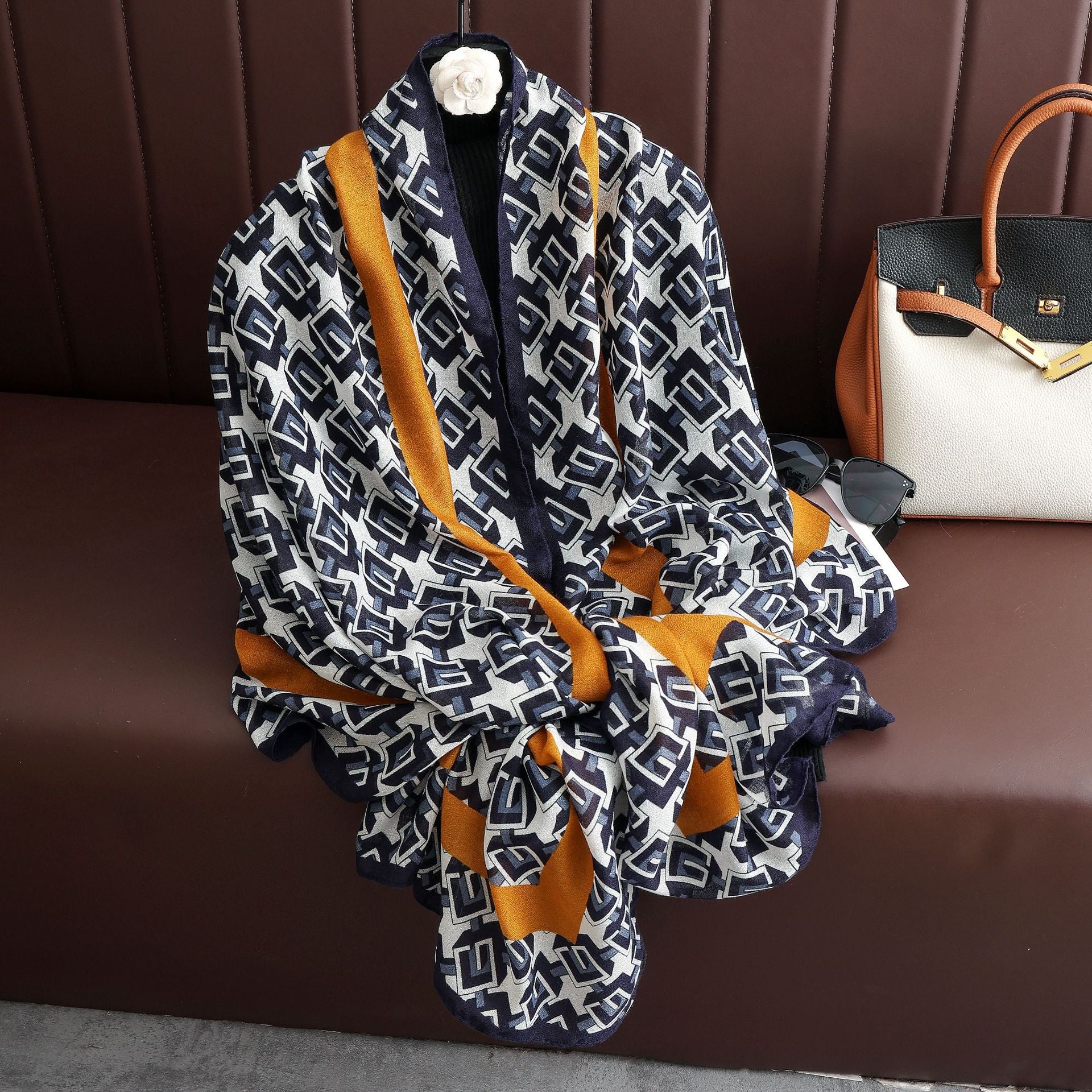 Elegant Navy Mustard Yellow Geometric Patterned Printed Imported Summer Friendly Hijab /Orna