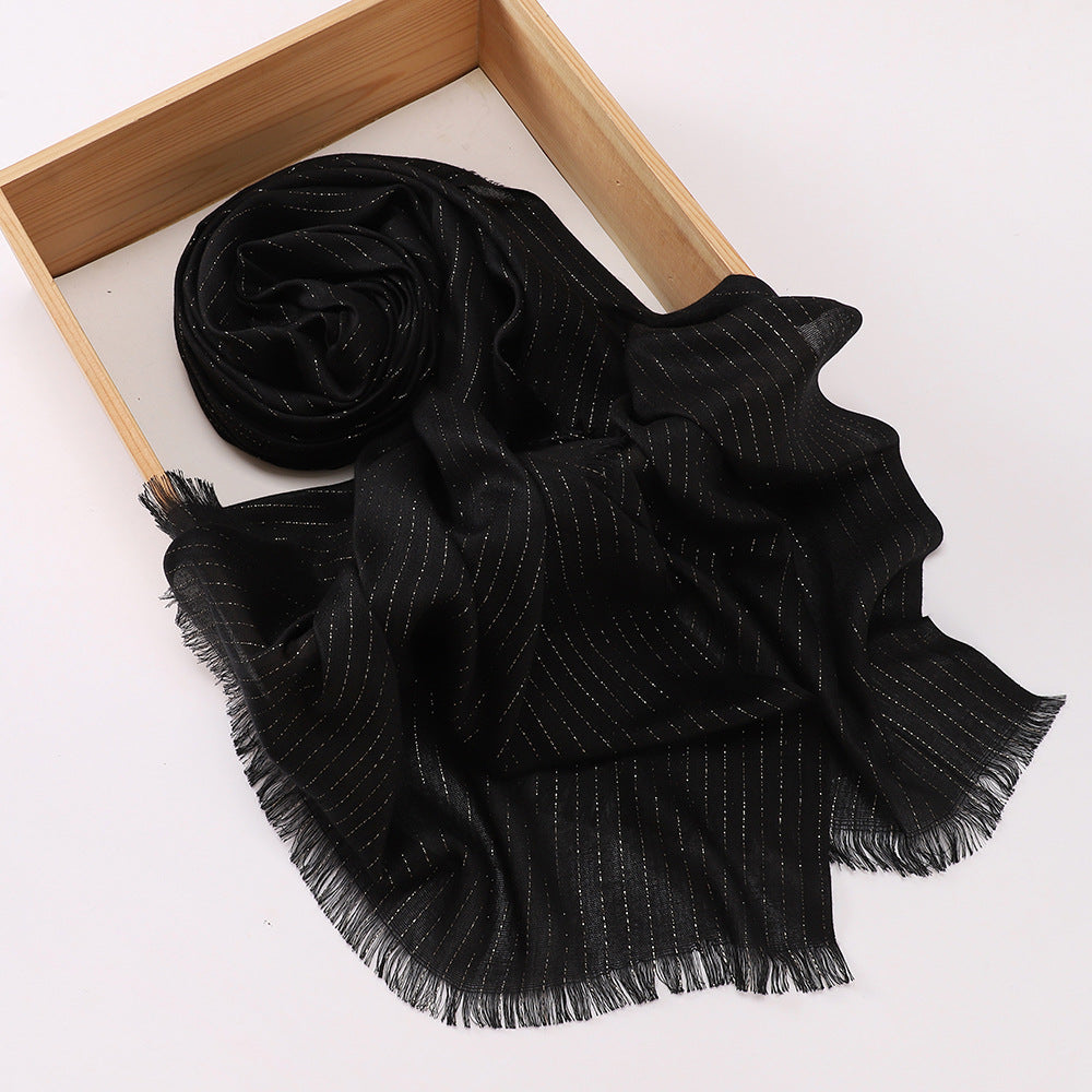 Elegant Black High Quality Rayon Golden Striped Muslim Women's Shiny Soft Breathable Imported Long Hijab / Orna
