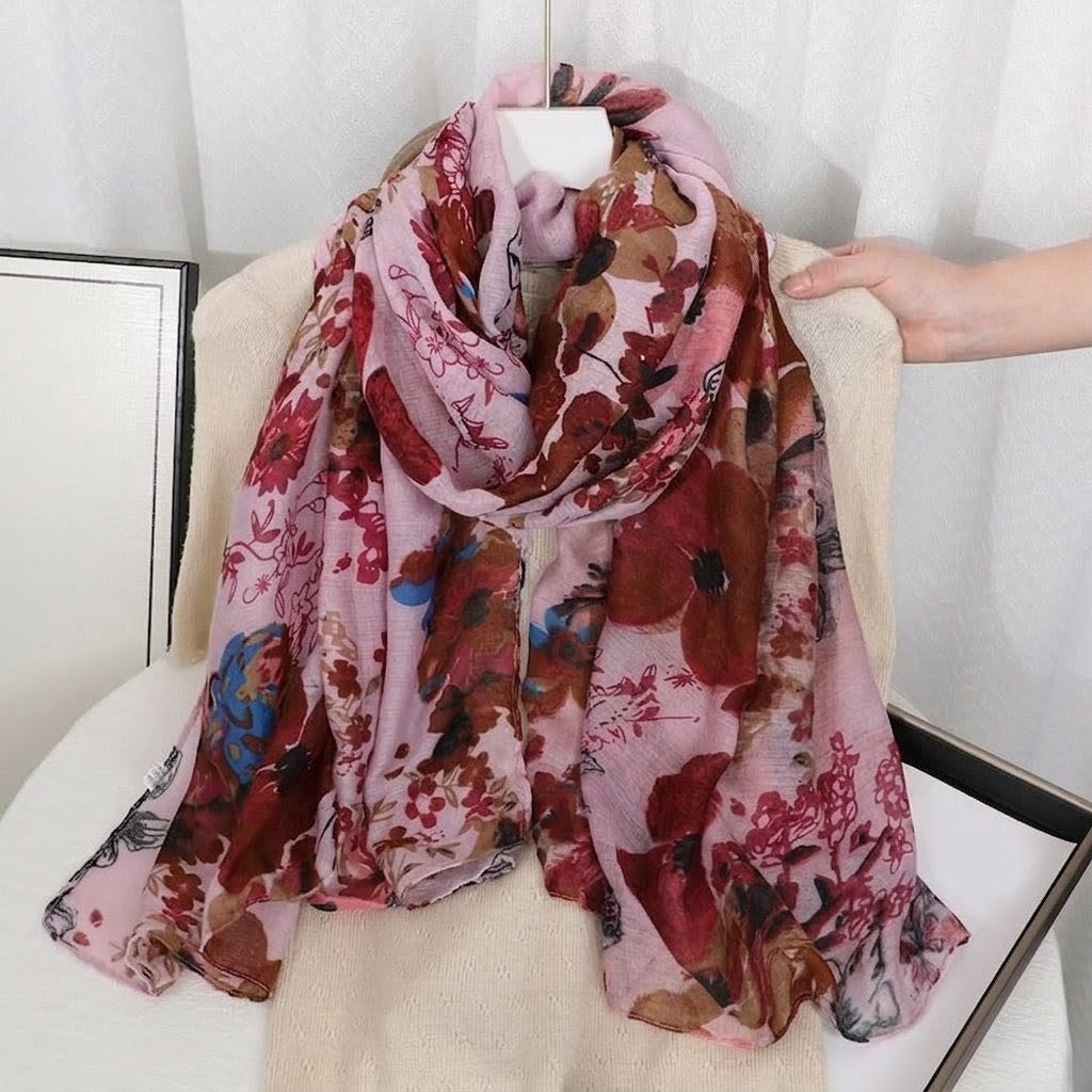Pretty Pink Floral Printed Soft Lightweight Long Hijab / Orna