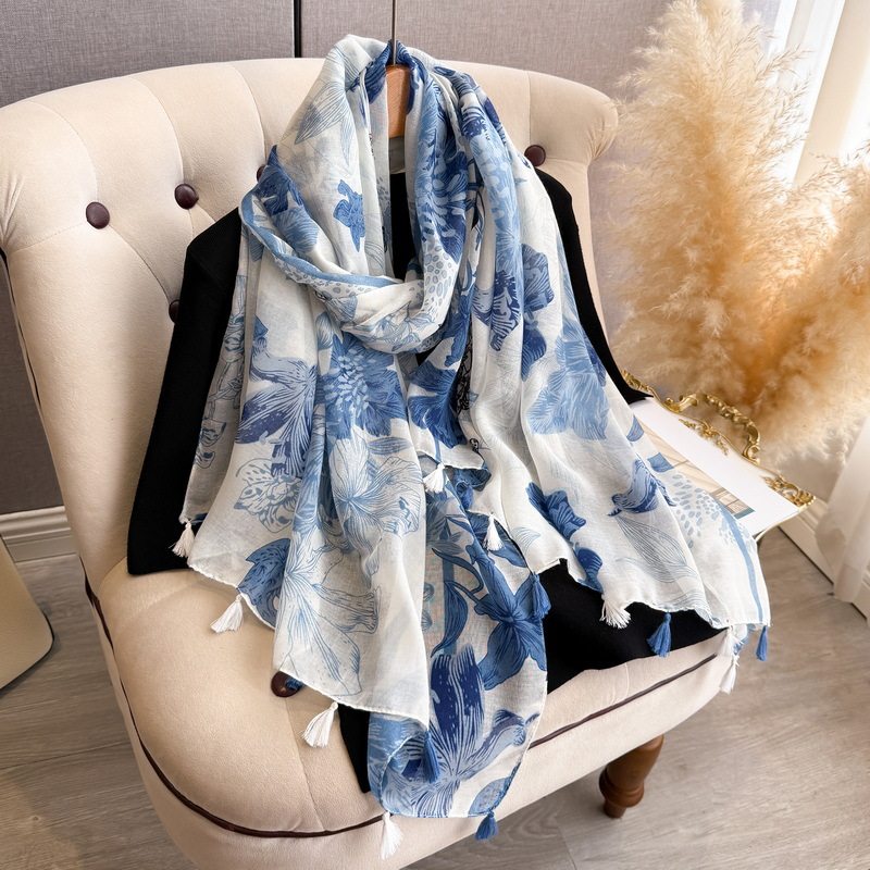 Stylish Blue White Floral Printed Long Soft Imported Summer Friendly Tassel Hijab / Orna