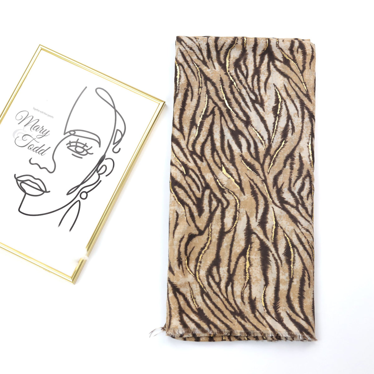 Stylish Khaki Color High Quality Imported Zebra Printed Long Party Hijab / Orna Adorned With Elegant Golden Detailing