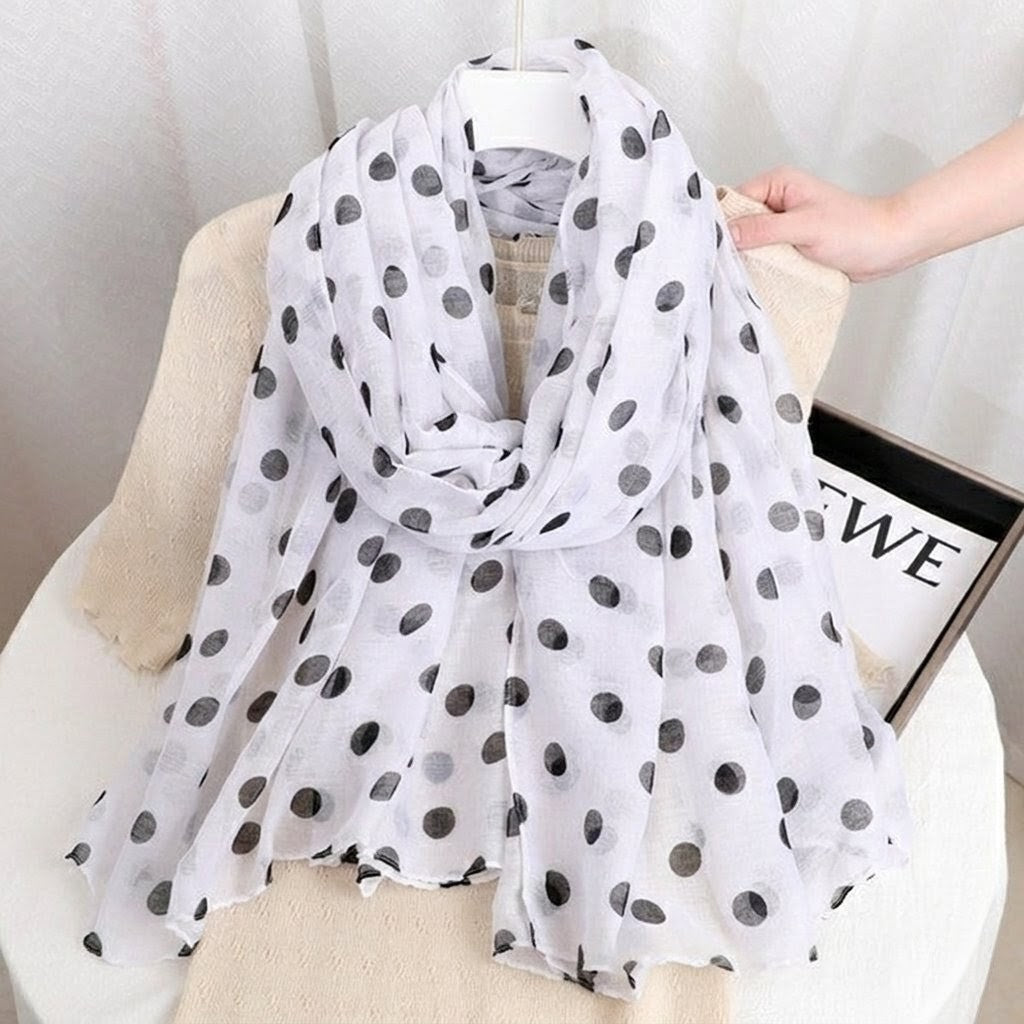 Sophisticated White Color Polka Dot Printed Soft Lightweight Long Hijab / Orna