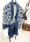 Elegant Navy Blue & White Floral Printed Summer Friendly Long Tassel Hijab / Orna