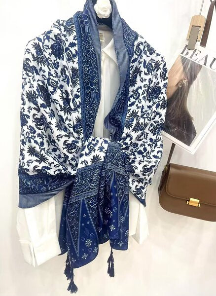 Elegant Navy Blue & White Floral Printed Summer Friendly Long Tassel Hijab / Orna