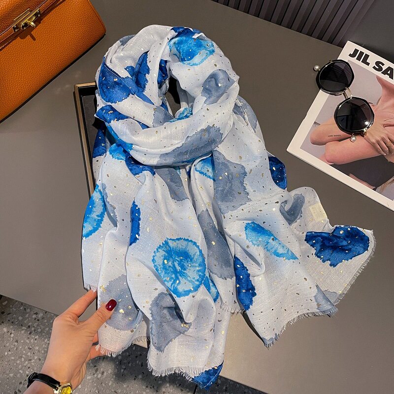 Elegant blue color lurex glitter circle stitch soft boho chic thin fringe imported party hijab / orna
