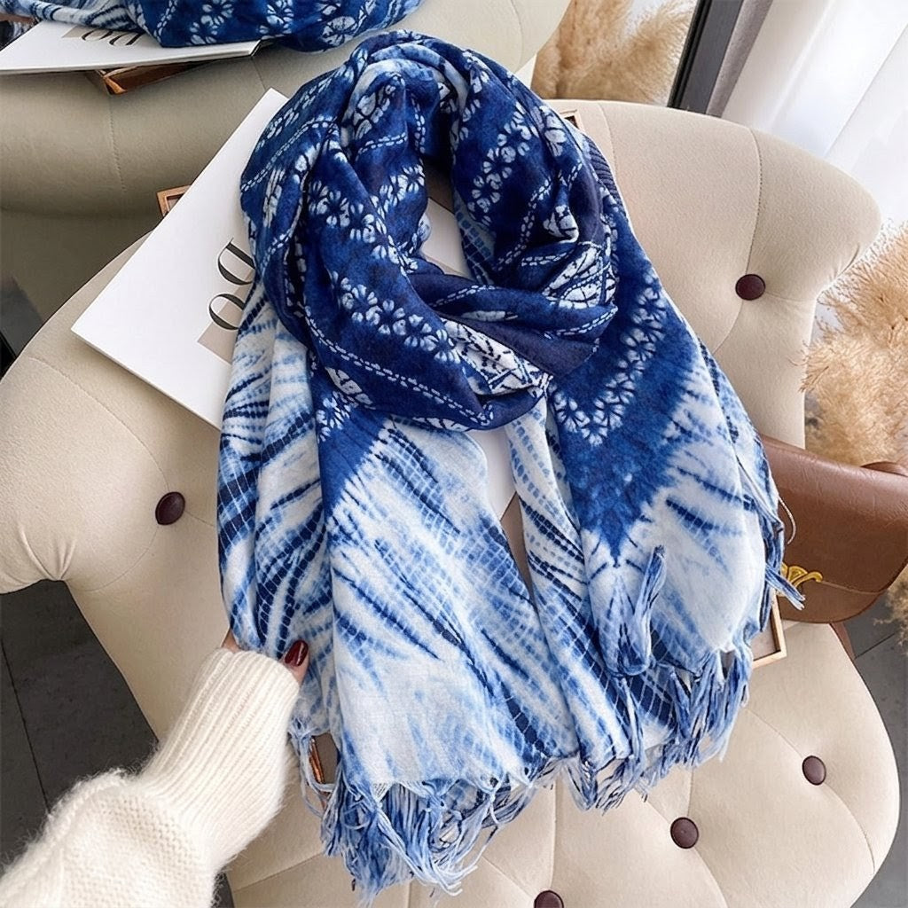 Ethnic Tie-Dye Style Buckle Women's Travel Sun Protection Yunnan Blue and White Literature Art Chinese Big Size Scarf / Hijab