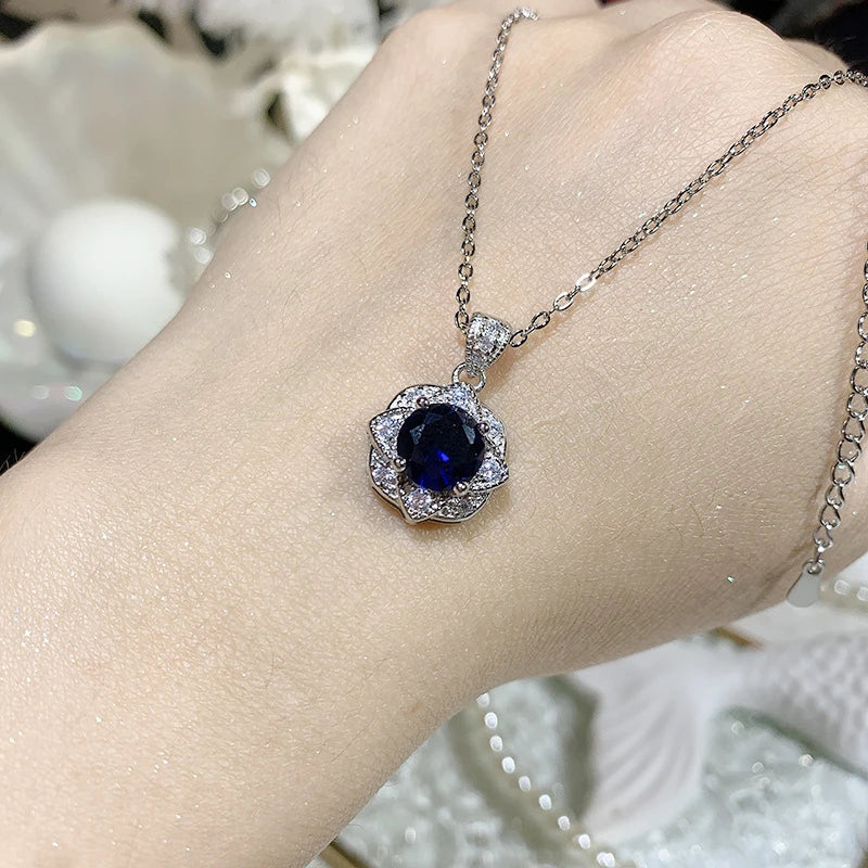 Elegant Deep Blue Cubic Zirconia Floral Shaped Necklace