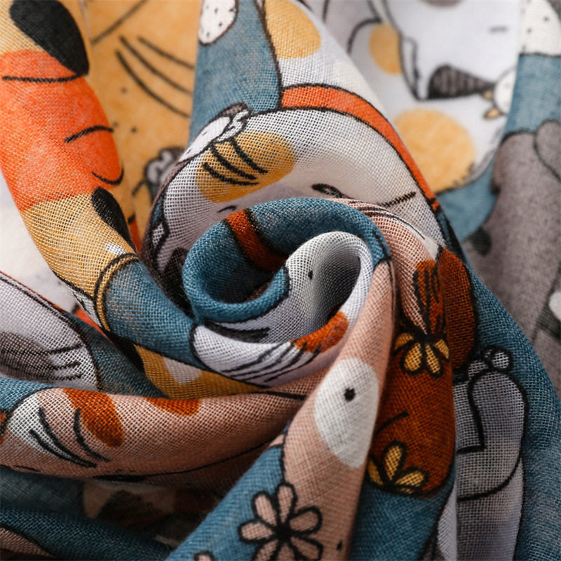 Colorful Cat Printed Soft Long Summer Friendly Tassel Hijab / Orna