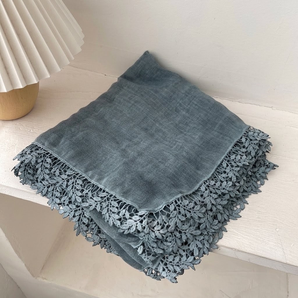 Elegant Dusty Blue Artistic Lace Edged Imported Premium Summer Friendly Cotton Hijab / Orna