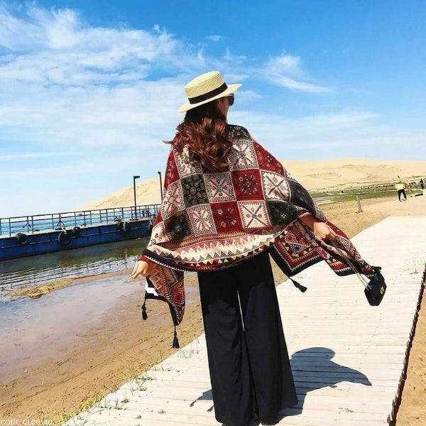 Classy Coffee Color Ethnic Style Printed Summer Friendl Long Tassel Hijab / Orna