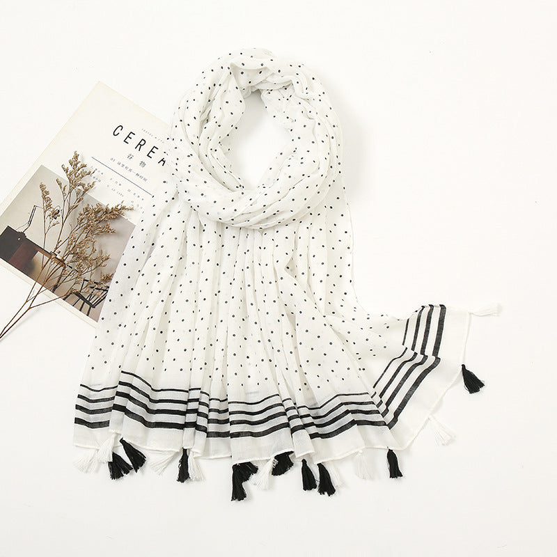 Sophisticated Off White Black Geometric Printed Long Soft Imported Summer Friendly Tassel Hijab / Orna