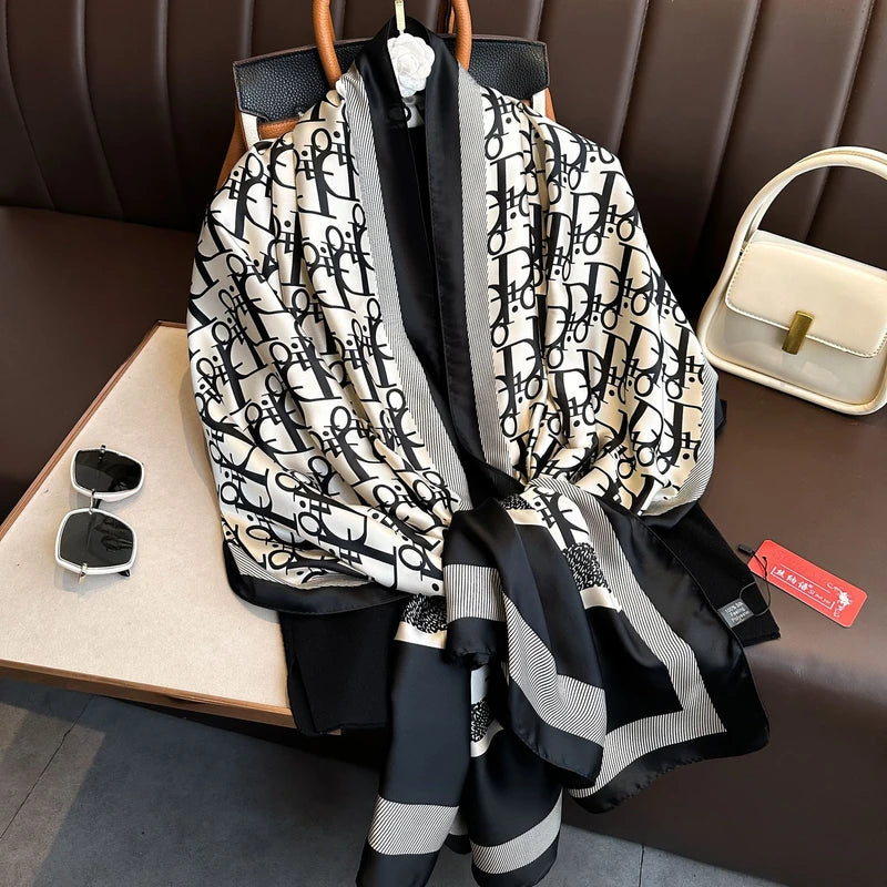 Shiny black & white mixed printed long silk hijab / orna