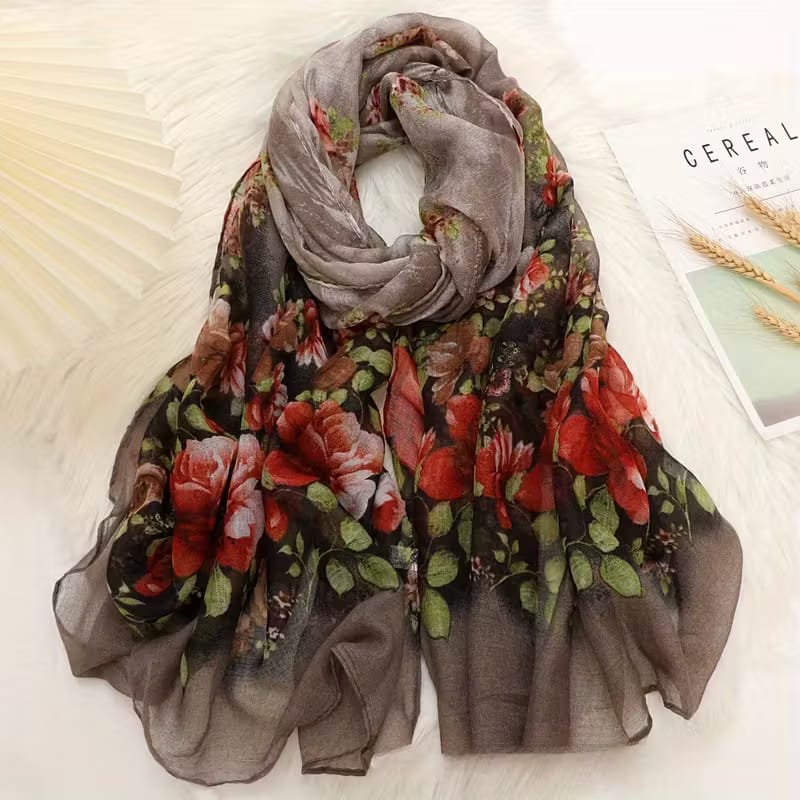 Elegant Khaki Green Colour Floral Printed Soft Lightweight Long Hijab / Orna