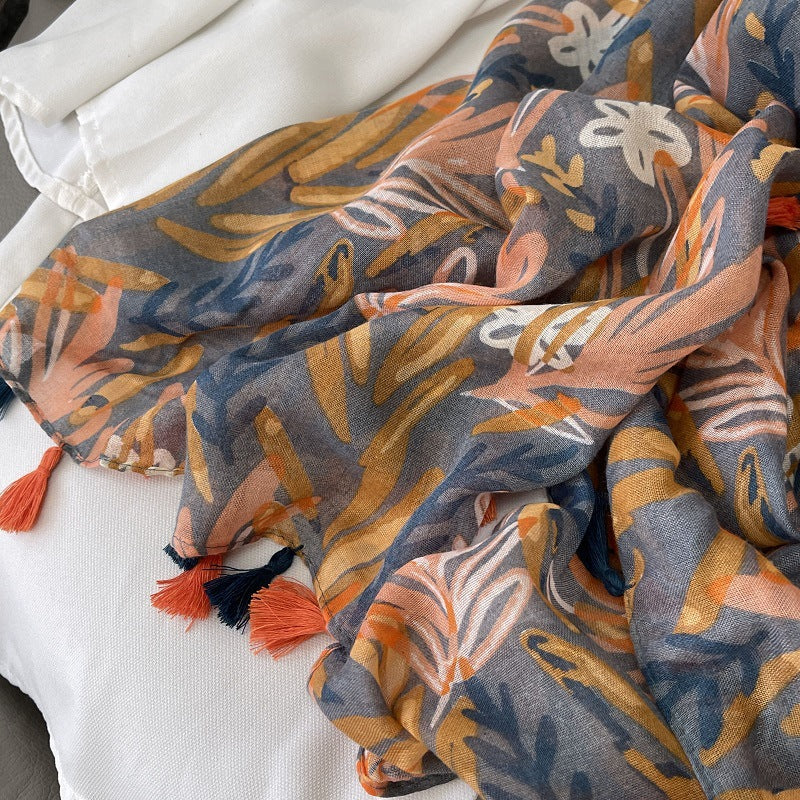 Colorful Autumn-leaf Printed long soft tassel hijab/orna