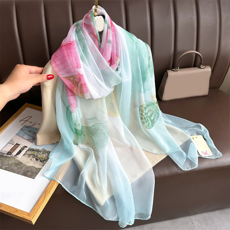 Multicoloured Floral Lotus Printed Imported Long Silk Scarf / Orna