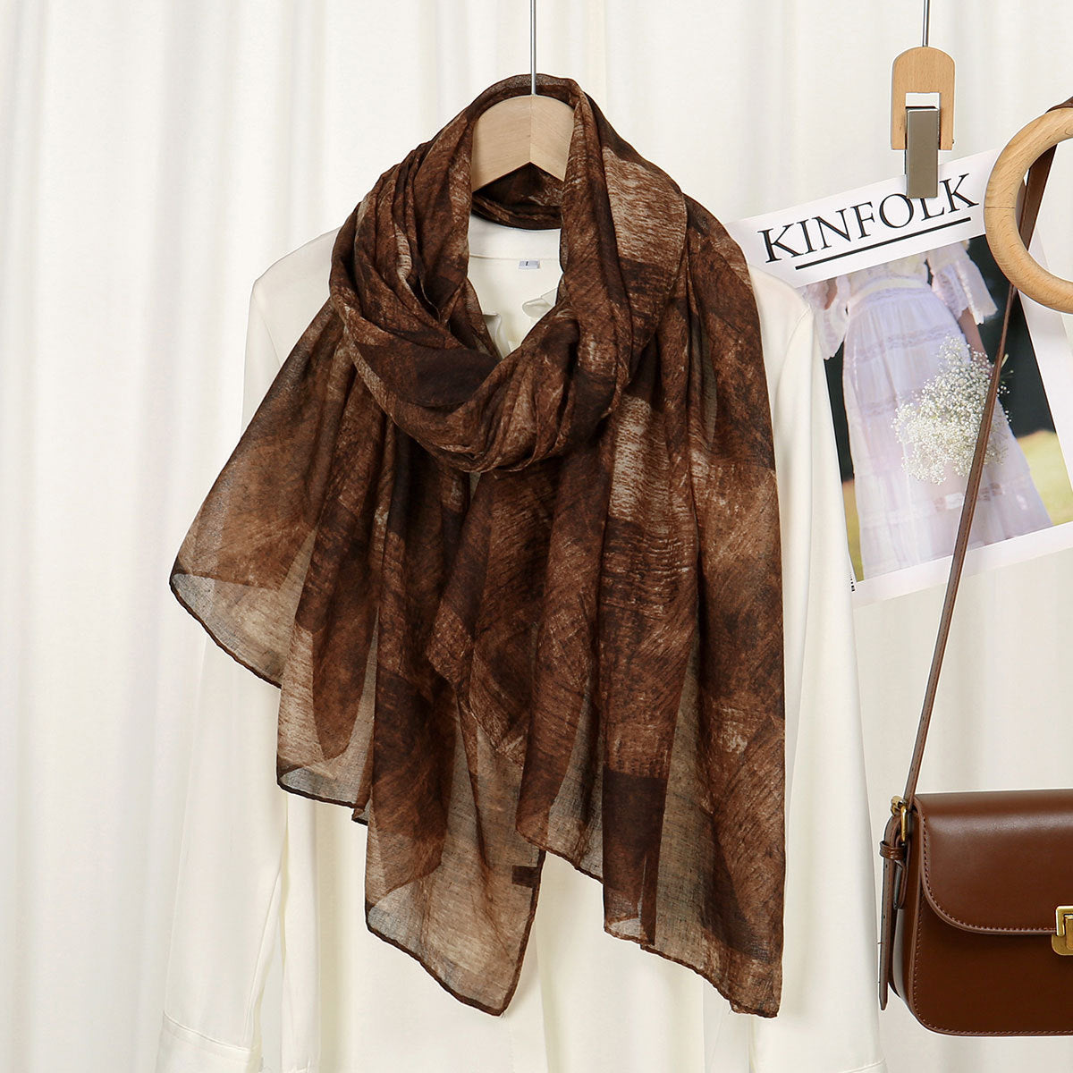 Stylish Coffee Color Vintage Artistic Hexagonal Bahar Print Voile Versatile Imported Long Hijab / Orna