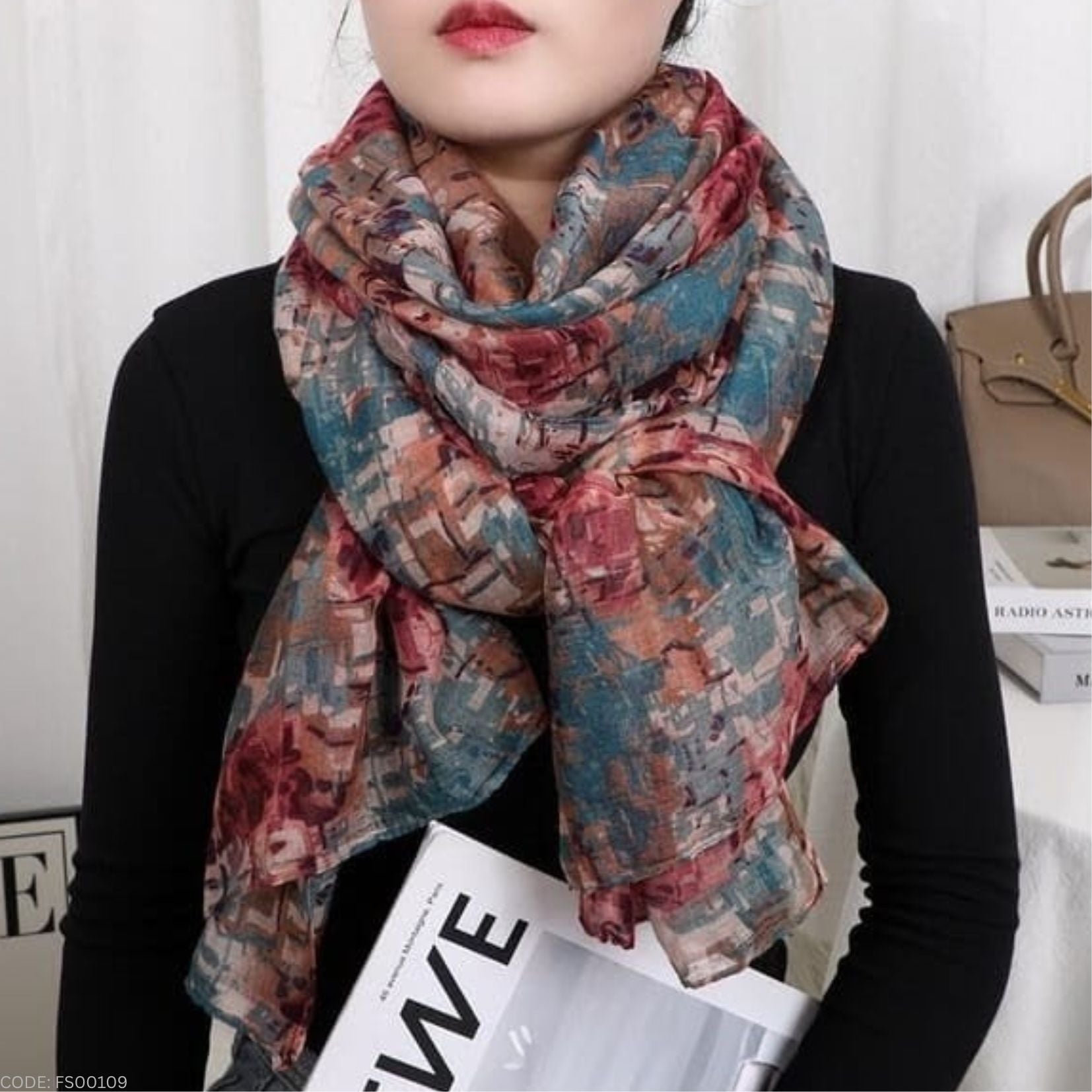 Classy Orange Blue Printed Soft Lightweight Long Hijab / Orna