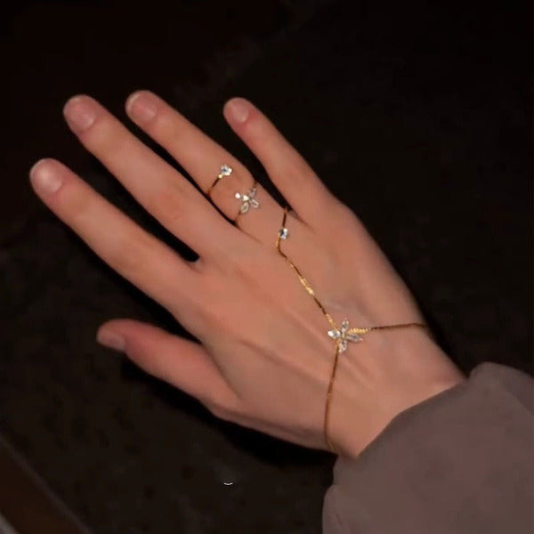 Sparkling Diamond Tassel Golden Imported Bracelet and Ring Integrated Light Luxury Ring Bracelet Hand Decoration Niche High-End Sweet Cool Style