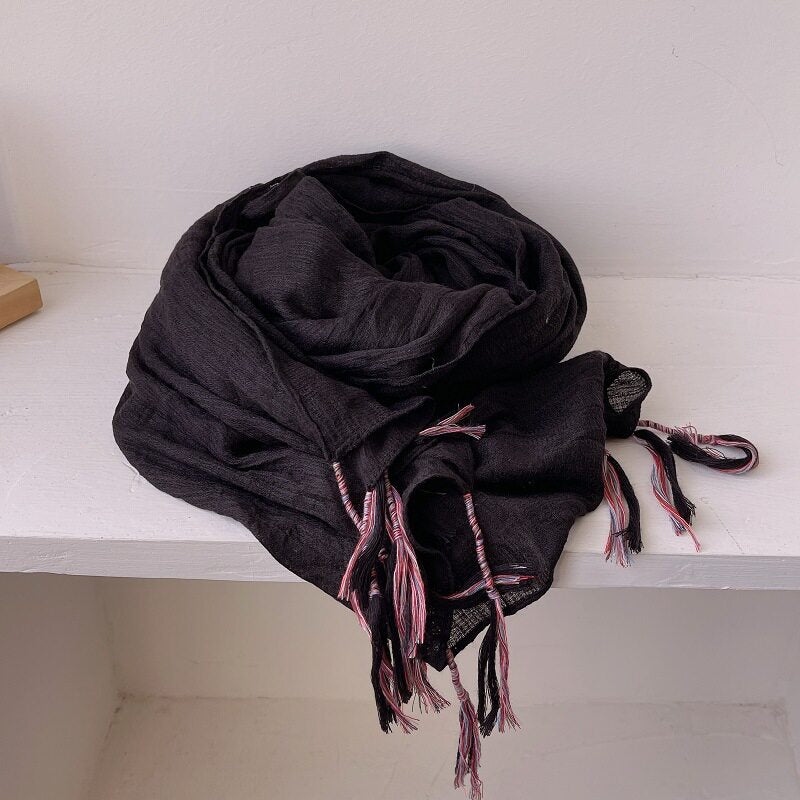 Elegant Black Color Winding Tassel Cotton Hijab/Orna