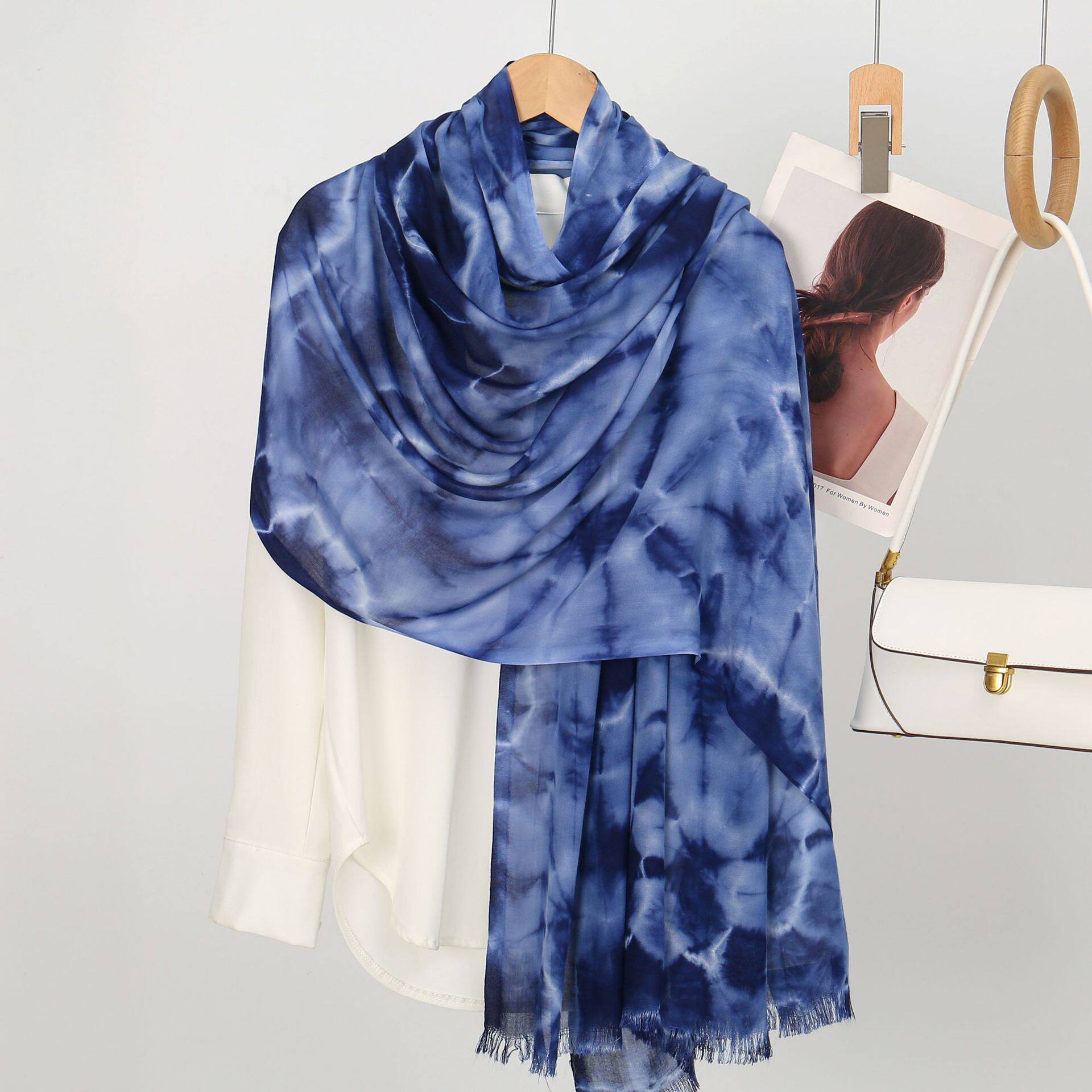Stylish Indigo Blue High Quality Tie-Dye Rayon Cotton Scarf Women Girl Ombre Striped Imported Long Crinkle Breathable Printed Hijab / Orna