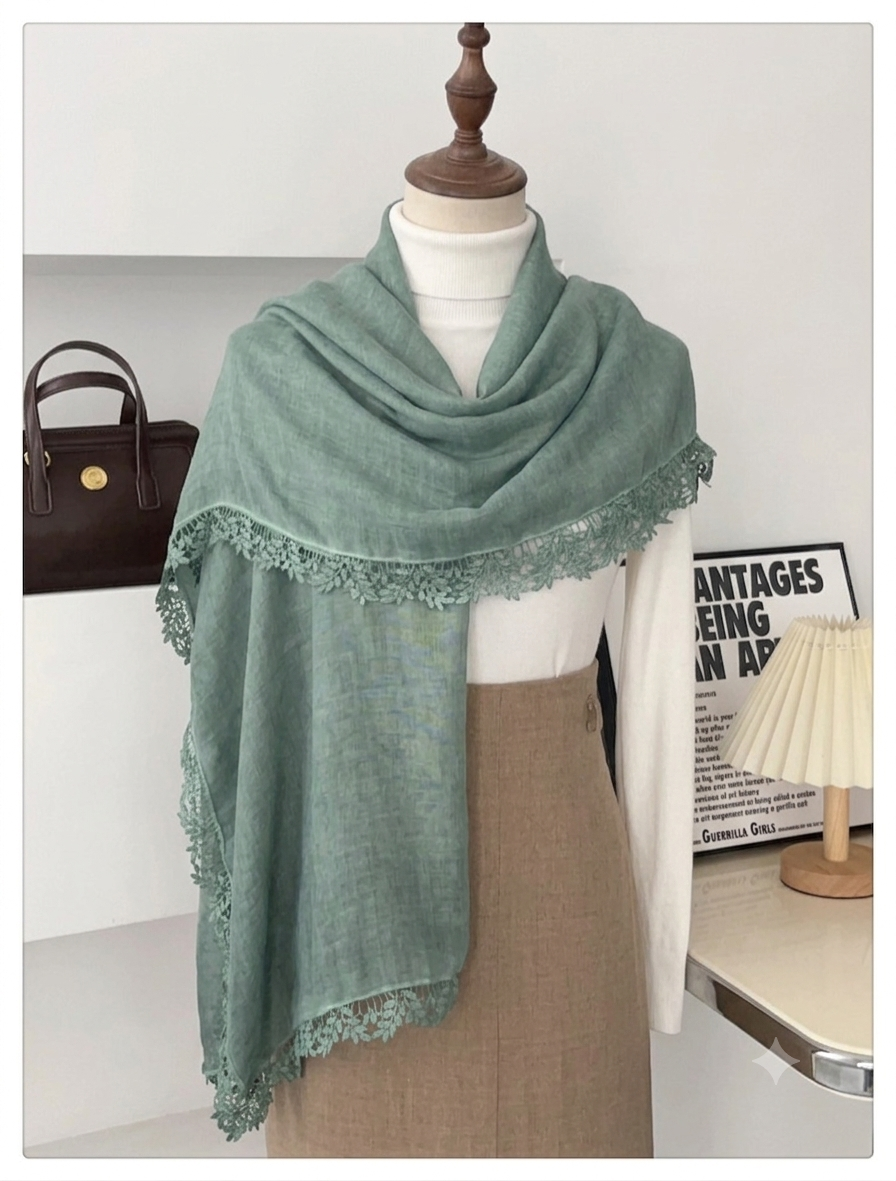 Classy Lake Green Artistic Lace Edged Imported Premium Summer Friendly Cotton Hijab / Orna