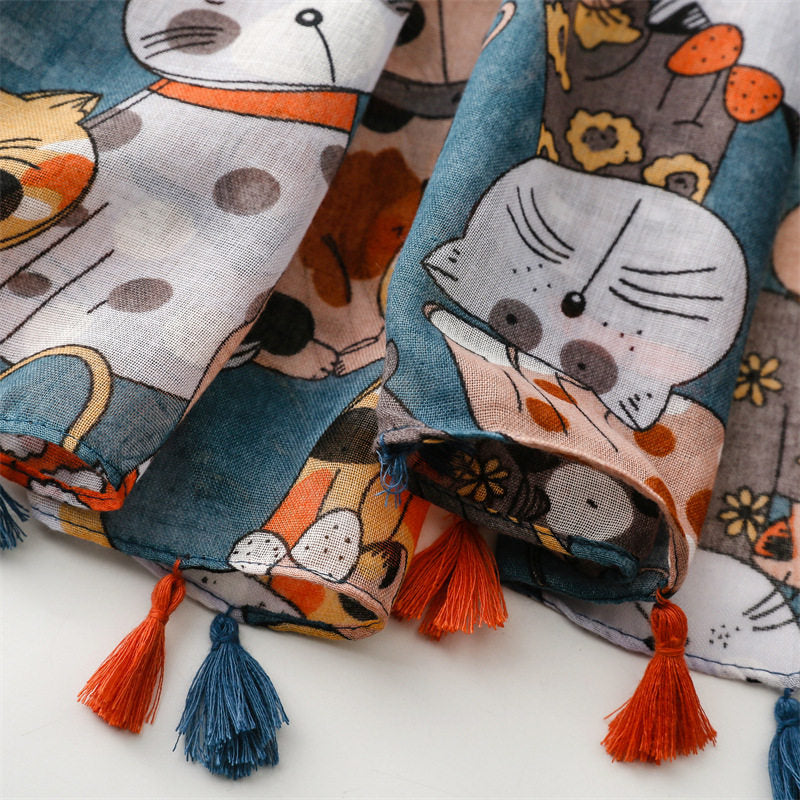 Colorful Cat Printed Soft Long Summer Friendly Tassel Hijab / Orna