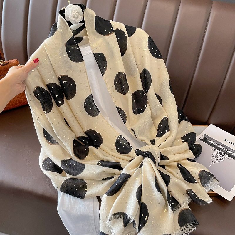 Sophisticated Creamy White Polka Dot Printed Bronzing Color High Quality Imported Long Soft Party Hijab / Orna
