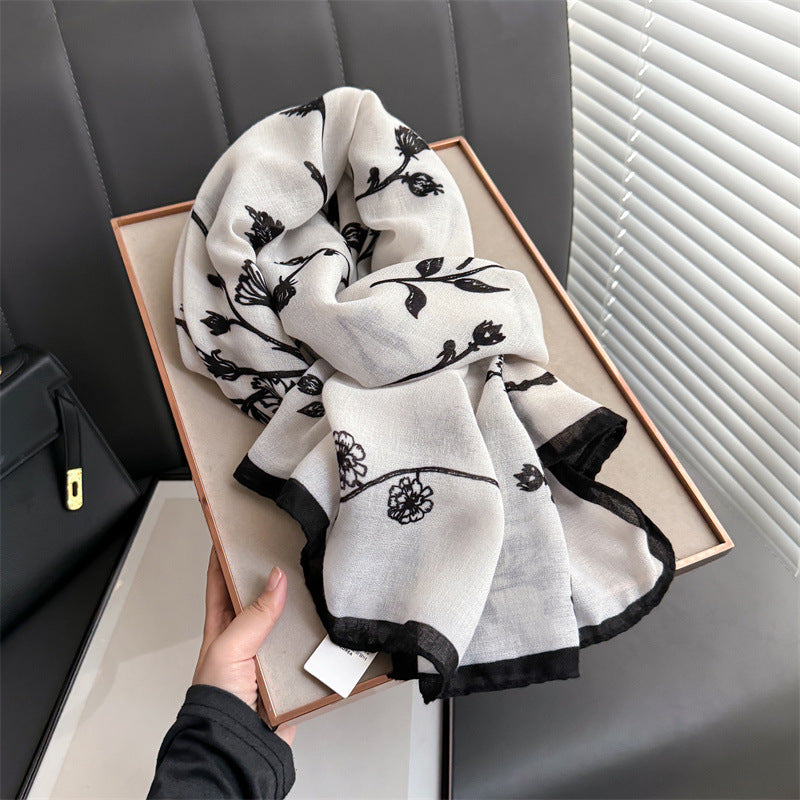 Beautiful Black & White Color Imported Summer Friendly Floral Printed Long Hijab / Orna