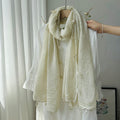 Sophisticated Milky White Summer-Friendly Long Cotton Imported Hijab Finished With Hanging Leaves Tassel Fringes Along The Borders