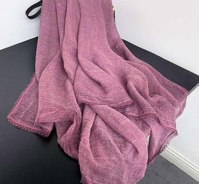 Classy Purple Color Lace Pleated Artistic Imported Premium Soft Cotton Lace Hijab / Orna
