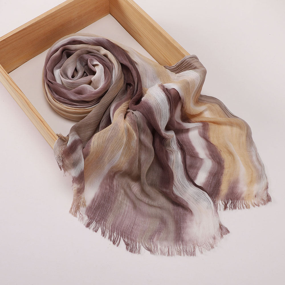 Classy Khaki Color High Quality Tudung Rayon Cotton Scarf Women Girl Ombre Striped Imported Long Crinkle Breathable Printed Hijab / Orna