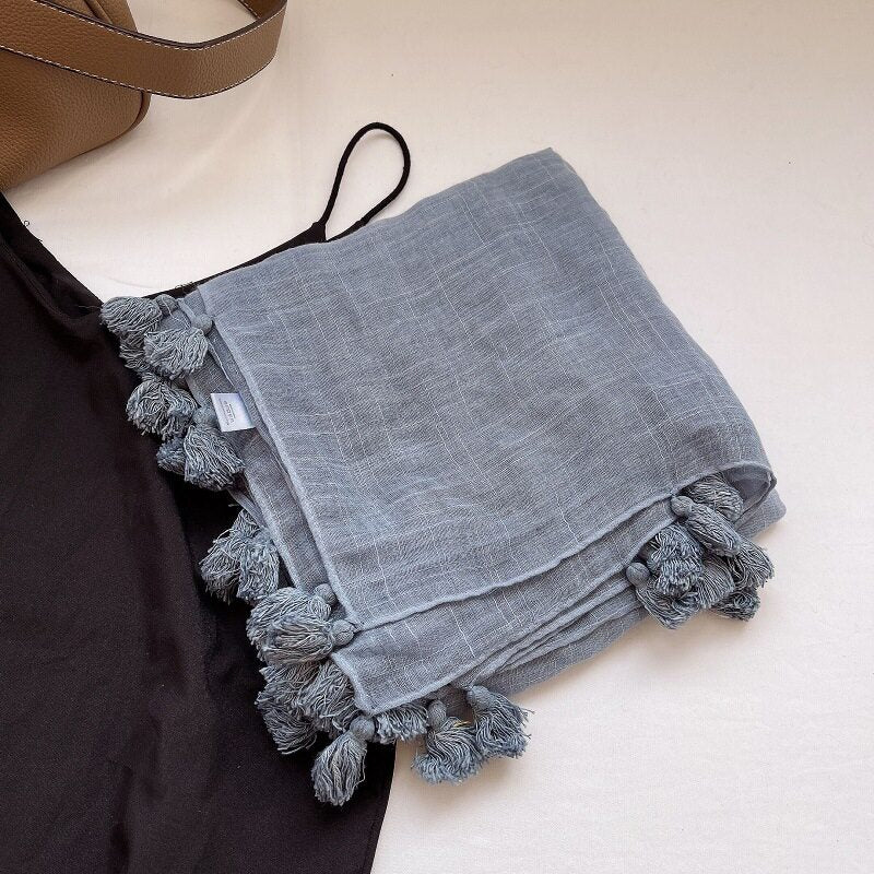 Elegant Dusty Blue Fringed Vintage-Style Imported Super Soft Long Summer Friendly Tassel Cotton Hijab / Orna