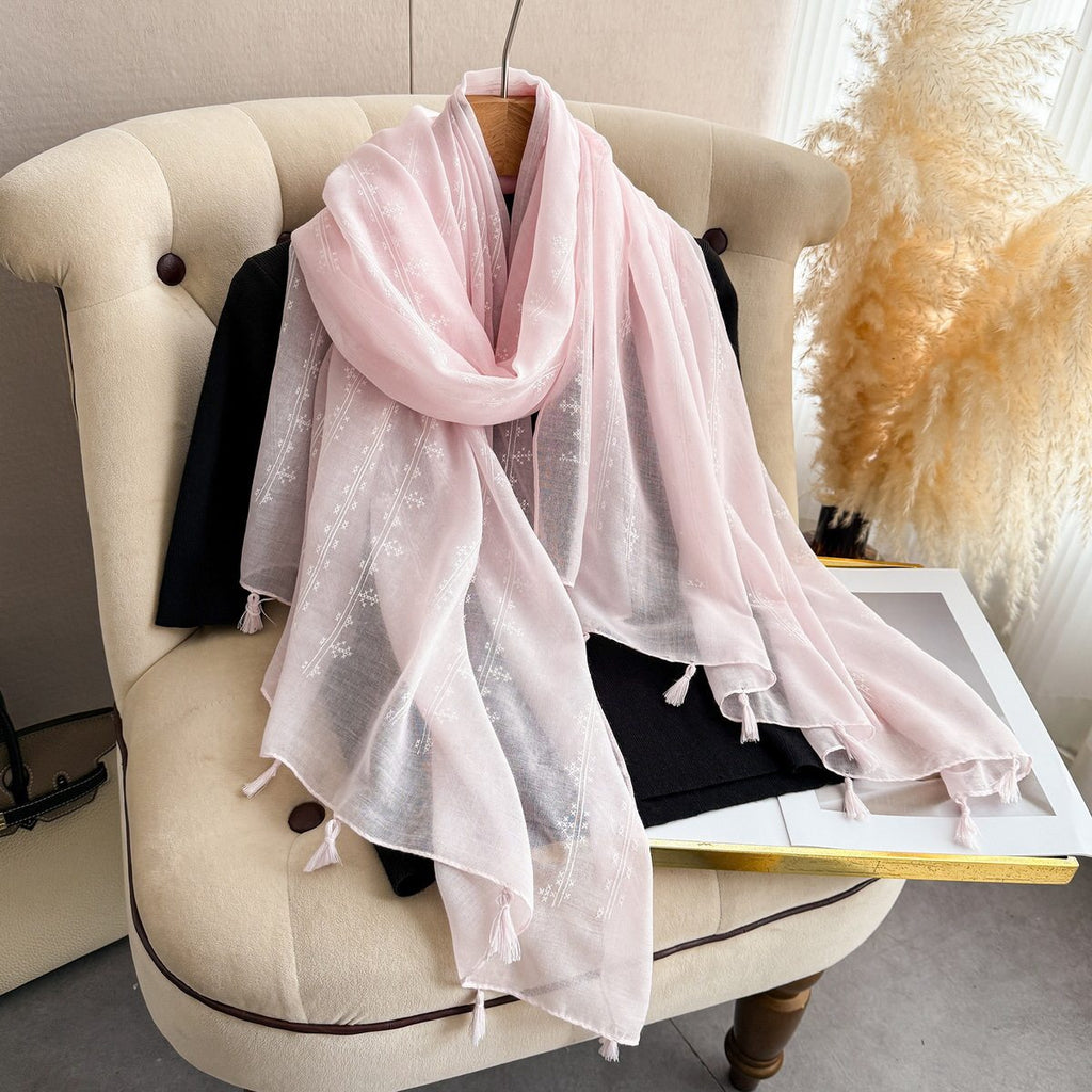 Lovely Pink Ambush Printed Long Soft Imported Summer Friendly Tassel Hijab / Orna