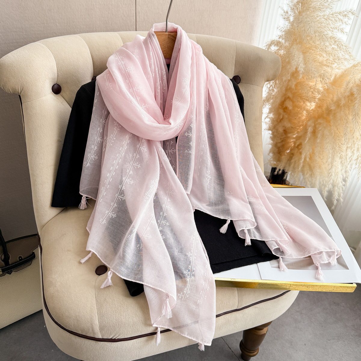 Lovely Pink Ambush Printed Long Soft Imported Summer Friendly Tassel Hijab / Orna