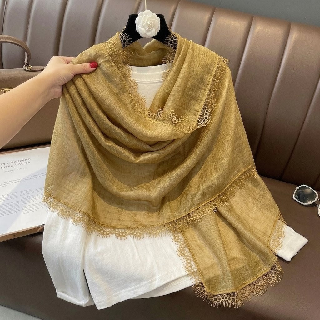 Beautiful Turmeric New Japanese Travel Sunscreen Literary Retro Women's Summer Friendly All-match Solid Color Long Cotton Lace Hijab / Orna