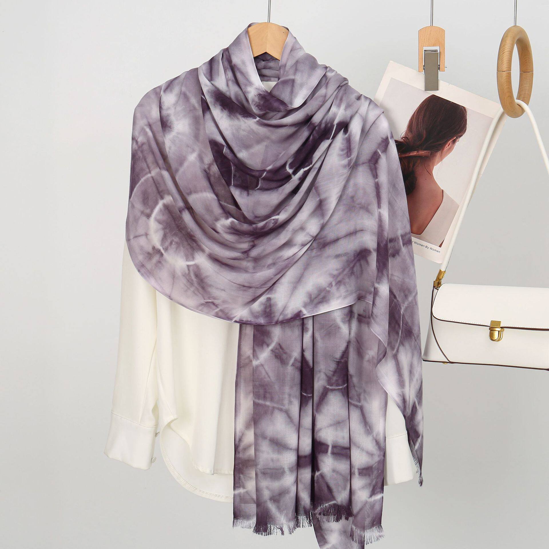 Lovely Lavender Color High Quality Tie-Dye Rayon Cotton Scarf Women Girl Ombre Striped Imported Long Crinkle Breathable Printed Hijab / Orna