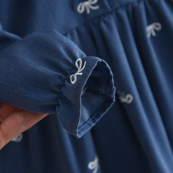 Imported Baby Girl Flower Embroidered Blue Color Lapel New Baby Girl Long-Sleeved Pullover Princess Dress