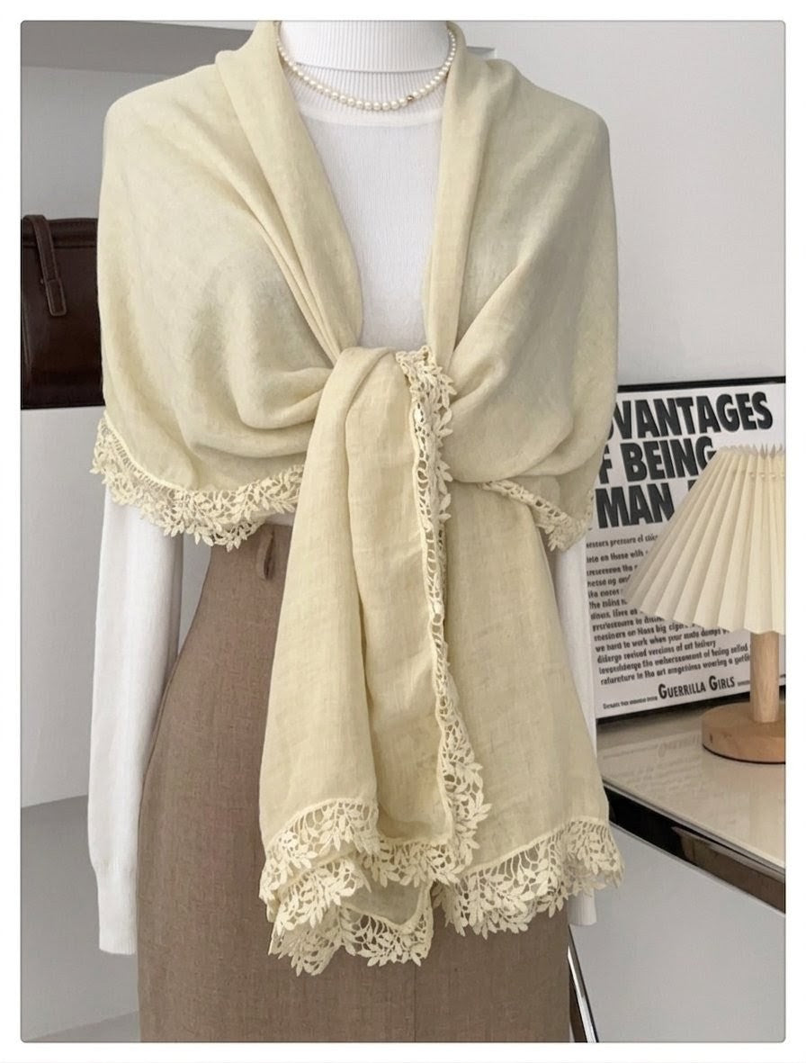 Sophisticated Ivory Color Artistic Lace Edged Imported Premium Summer Friendly Cotton Hijab / Orna