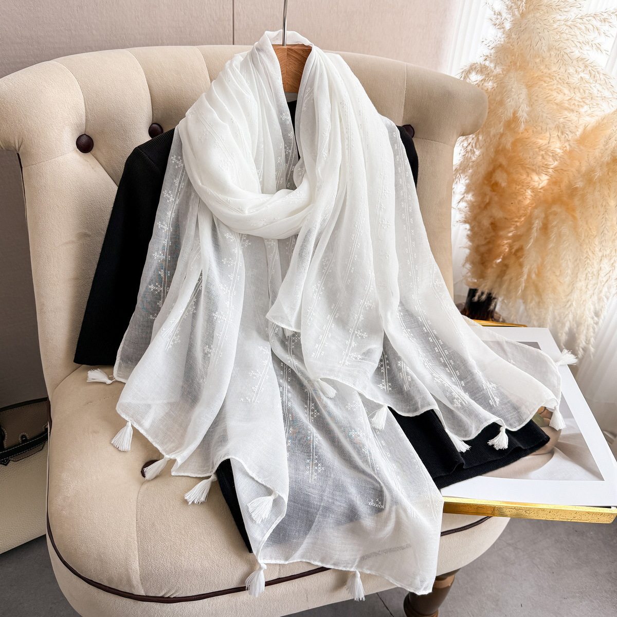 Sophisticated White Printed Long Soft Imported Summer Friendly Tassel Hijab / Orna