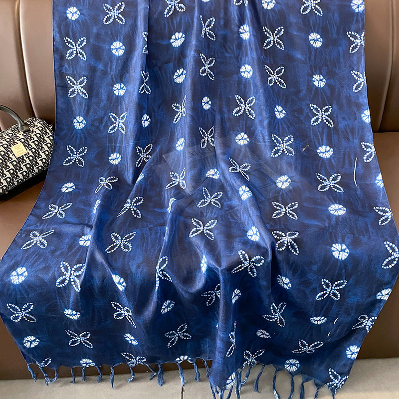 Ethnic Tie-Dye Style Buckle Women's Travel Sun Protection Yunnan Blue and White Literature Art Chinese Big Size Scarf / Hijab