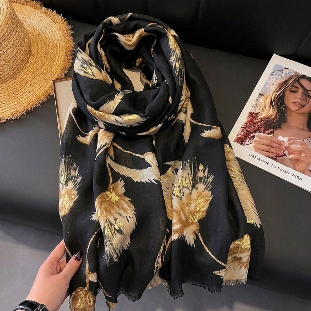 Elegant Black Color High Quality Imported Long Soft Floral Printed Party Hijab / Orna