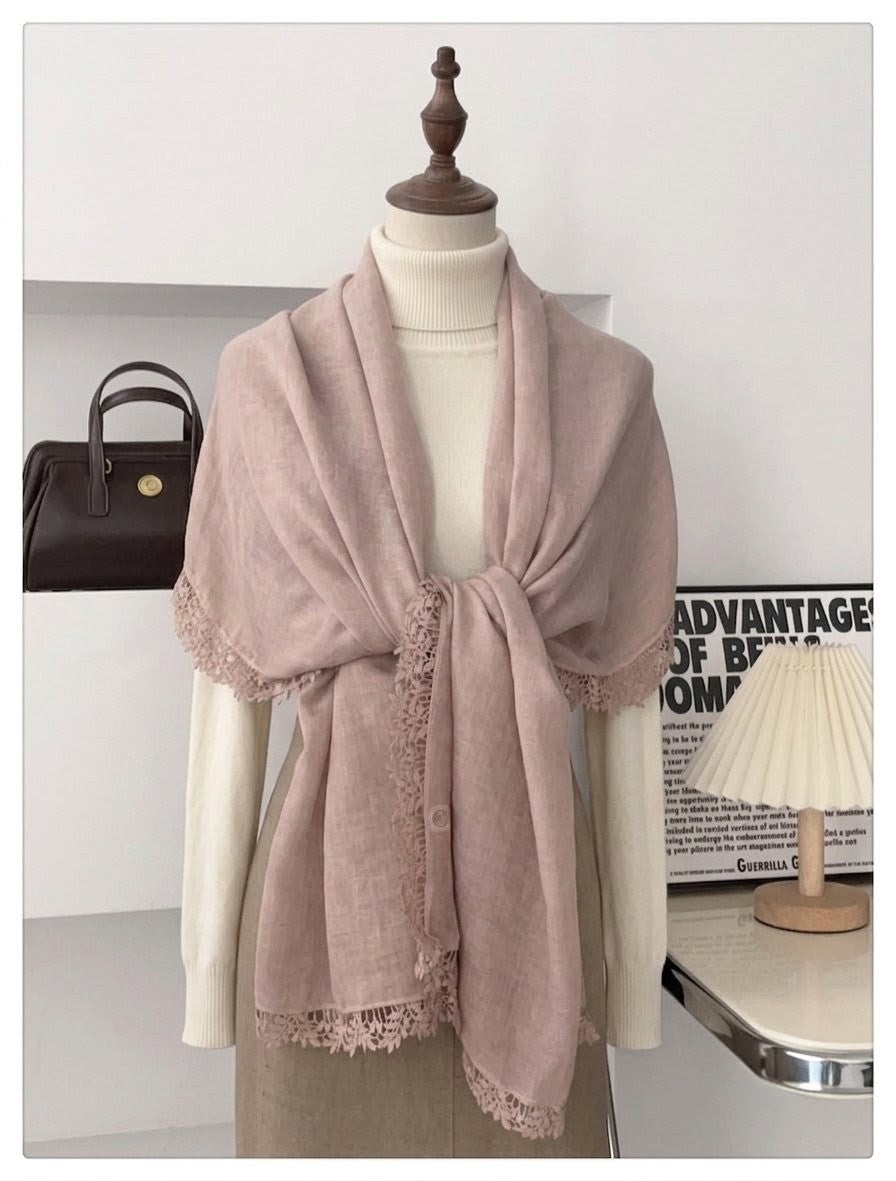 Lovely Blush Pink Artistic Lace Edged Imported Premium Summer Friendly Cotton Hijab / Orna