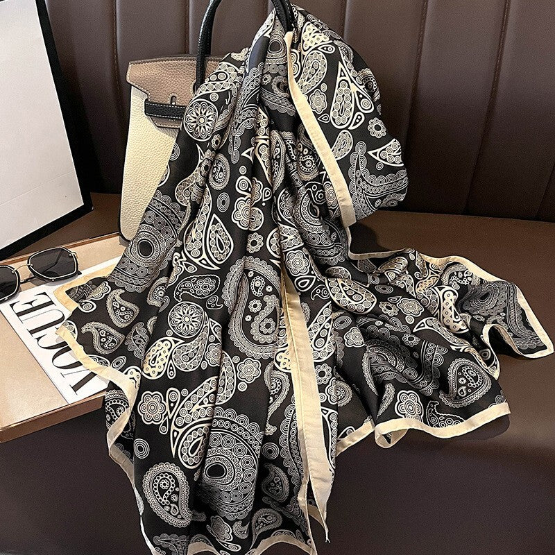 Paisley printed black long silk hijab