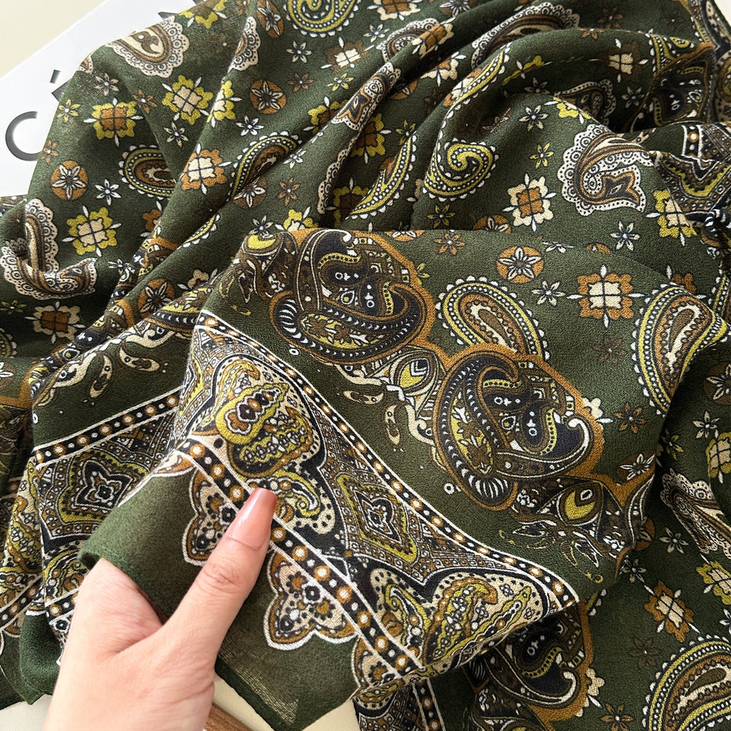 Dark olive paisley printed soft viscose  hijab / orna