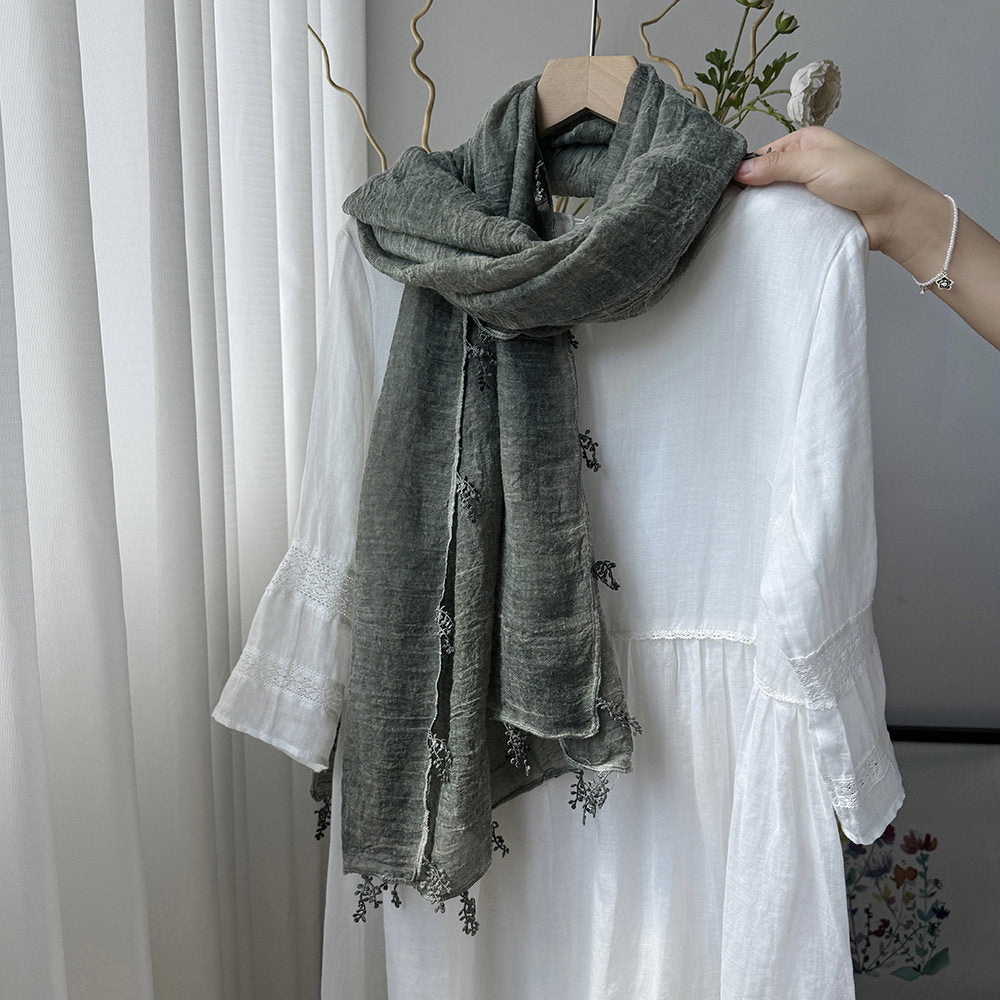 Elegant Green Summer-Friendly Long Cotton Imported Hijab Finished With Hanging Leaves Tassel Fringes Along The Borders